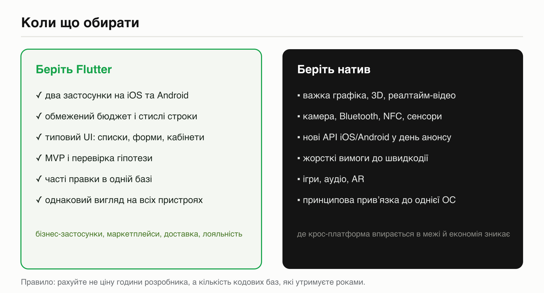 Порівняння: коли обирати Flutter (дві платформи, обмежений бюджет, типовий UI, MVP) і коли натив (важка графіка, робота із залізом, нові API, ігри та AR)