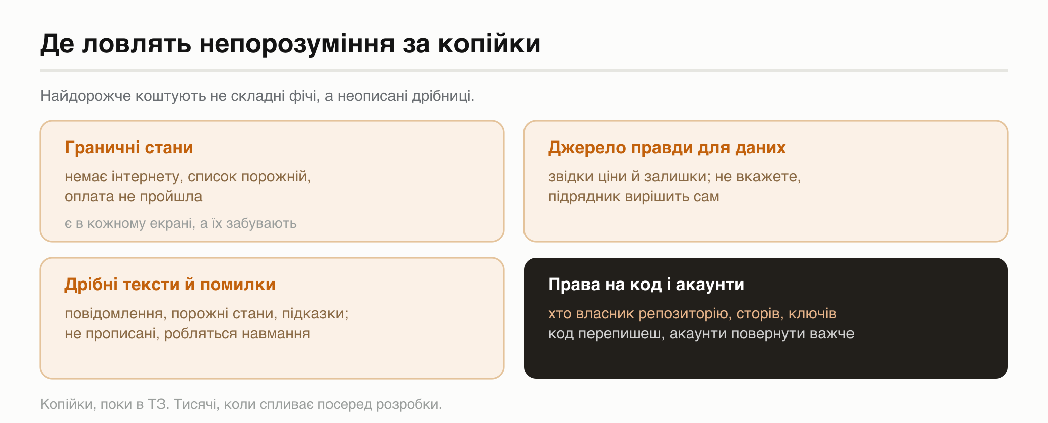 Де ловлять непорозуміння за копійки: граничні стани, джерело правди для даних, дрібні тексти, права на код і акаунти
