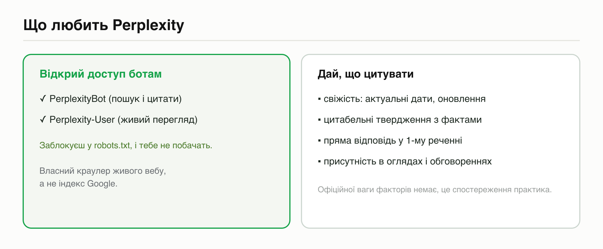 Що любить Perplexity: відкрити доступ ботам PerplexityBot і Perplexity-User, тримати свіжість і давати цитабельні твердження з фактами