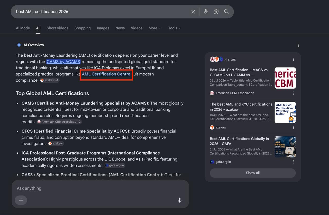 Google AI Overview по запиту best AML certification 2026: AML Certification Centre цитується в тексті відповіді