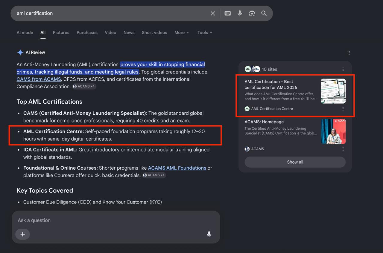 Google AI Overview по запиту aml certification: AML Certification Centre цитується в тексті відповіді та в панелі джерел (10 сайтів)