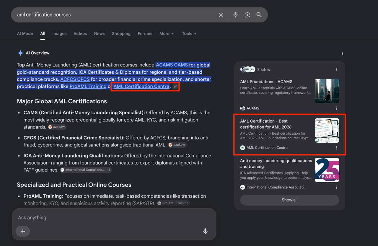 Google AI Overview по запиту aml certification courses: AML Certification Centre серед джерел (8 сайтів) і в тілі відповіді