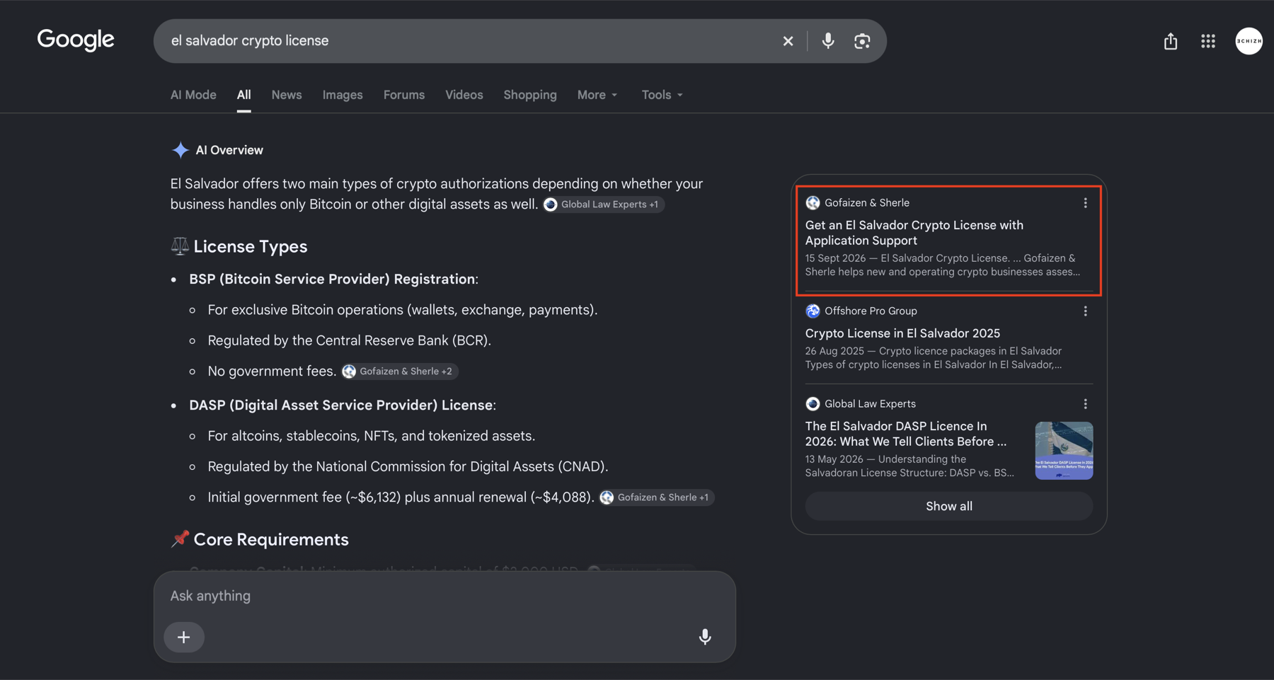 Google AI Overview for el salvador crypto license: gofaizen-sherle.com cited in the answer body and listed first in the sources panel