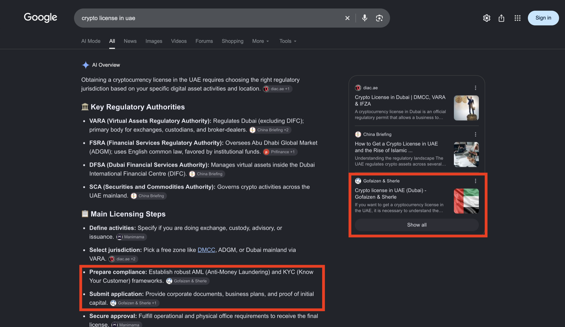 Google AI Overview for crypto license in uae: gofaizen-sherle.com cited in two blocks of the answer and in the sources panel