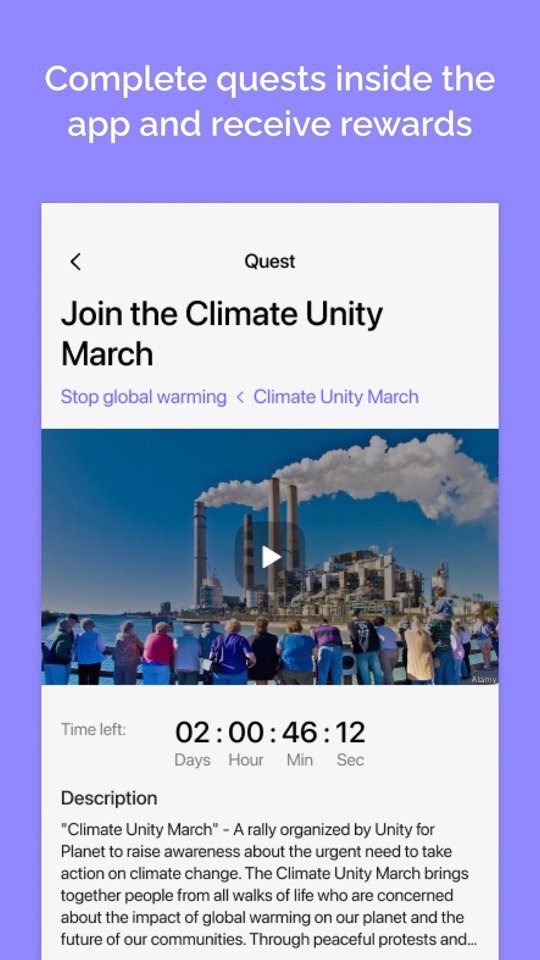 Quest screen 'Join the Climate Unity March': time left and description